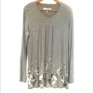 New NWOT Silver Sequined Smocked Soft Gray Long Sleeve Top